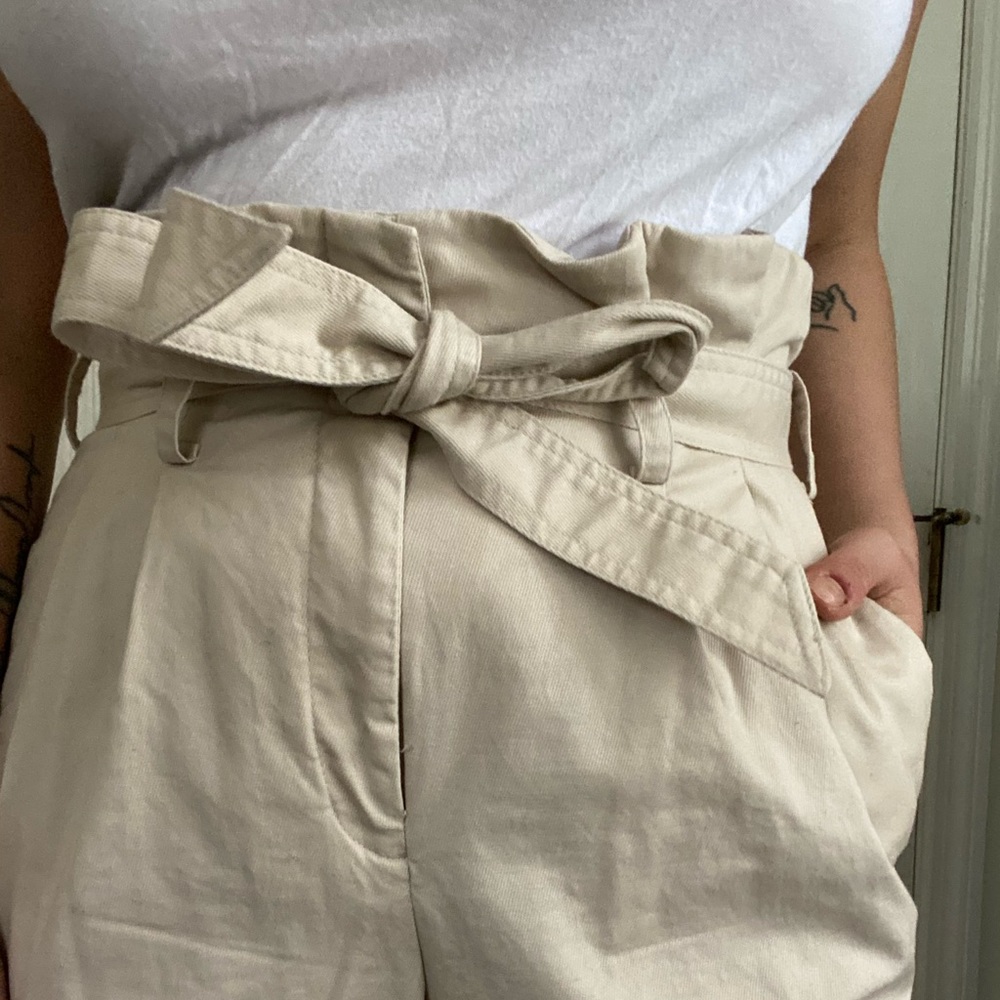 khaki cropped paper bag tie waist trousers